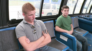 Skinny twinks jumps on hard wood in the public bus