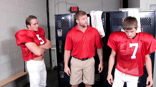 Three dudes are getting very freaky in the locker rooms